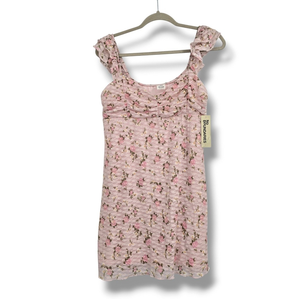 No Boundaries Pink Floral Lace Ruffle Mini Dress NWT Size L 12-14